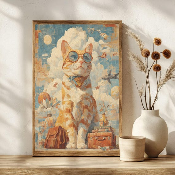 Retro Travel Cat Art Print Vintage Style Poster Wanderlust Feline Wall Midcentury Decor Lover Gift Instant