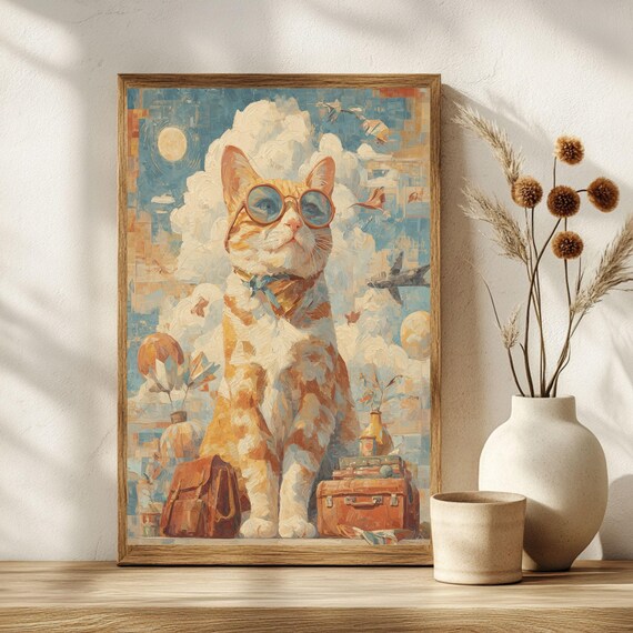 Retro Travel Cat Round Glasses Bow Tie Balloons Wanderlust Poster