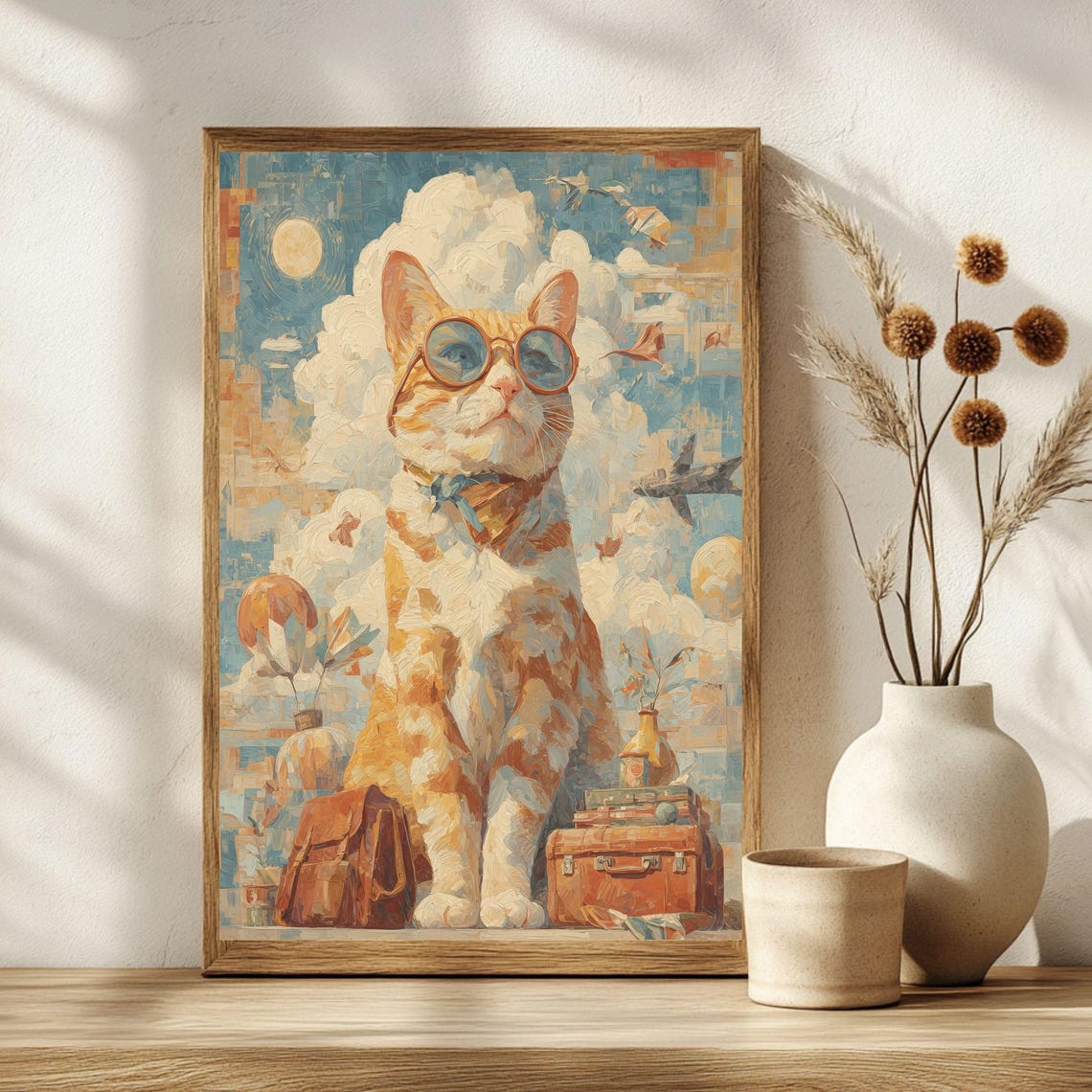 Retro Travel Cat Round Glasses Bow Tie Balloons Wanderlust Poster