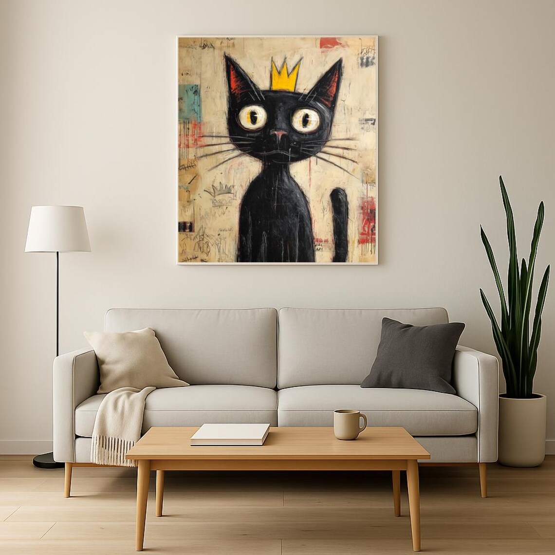Basquiat Inspired Black Cat Gold Crown Street Art Quirky Poster - Image 3
