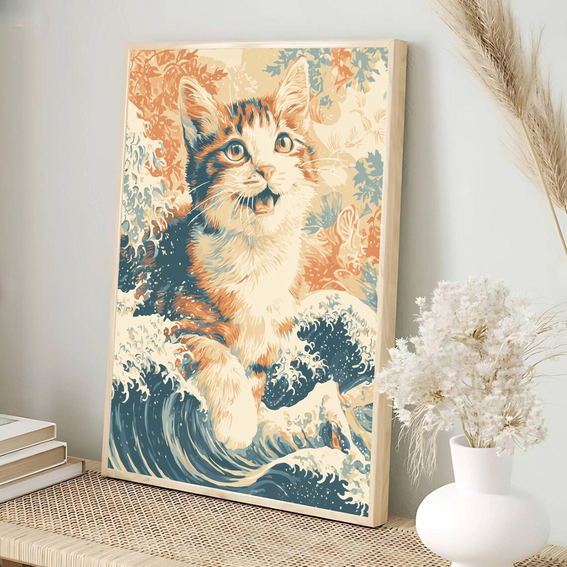 Joyful Calico Kitten in Hokusai Wave Japanese Cat Art Poster - Image 3