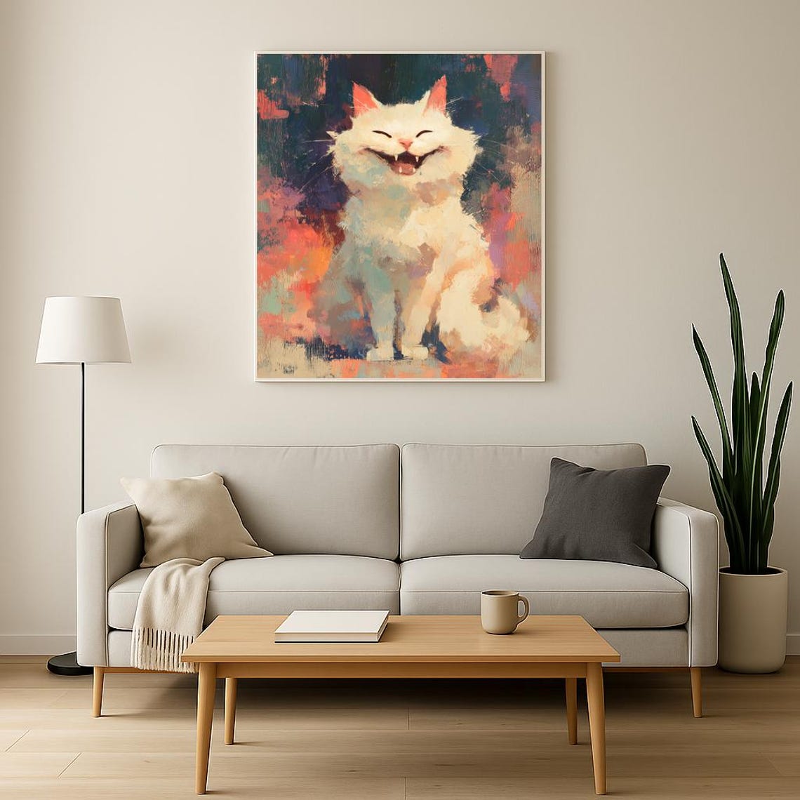 Laughing White Cat Art Print Pet Lover Cute Poster Owner Gift Funny Home Decor Meme - Image 2