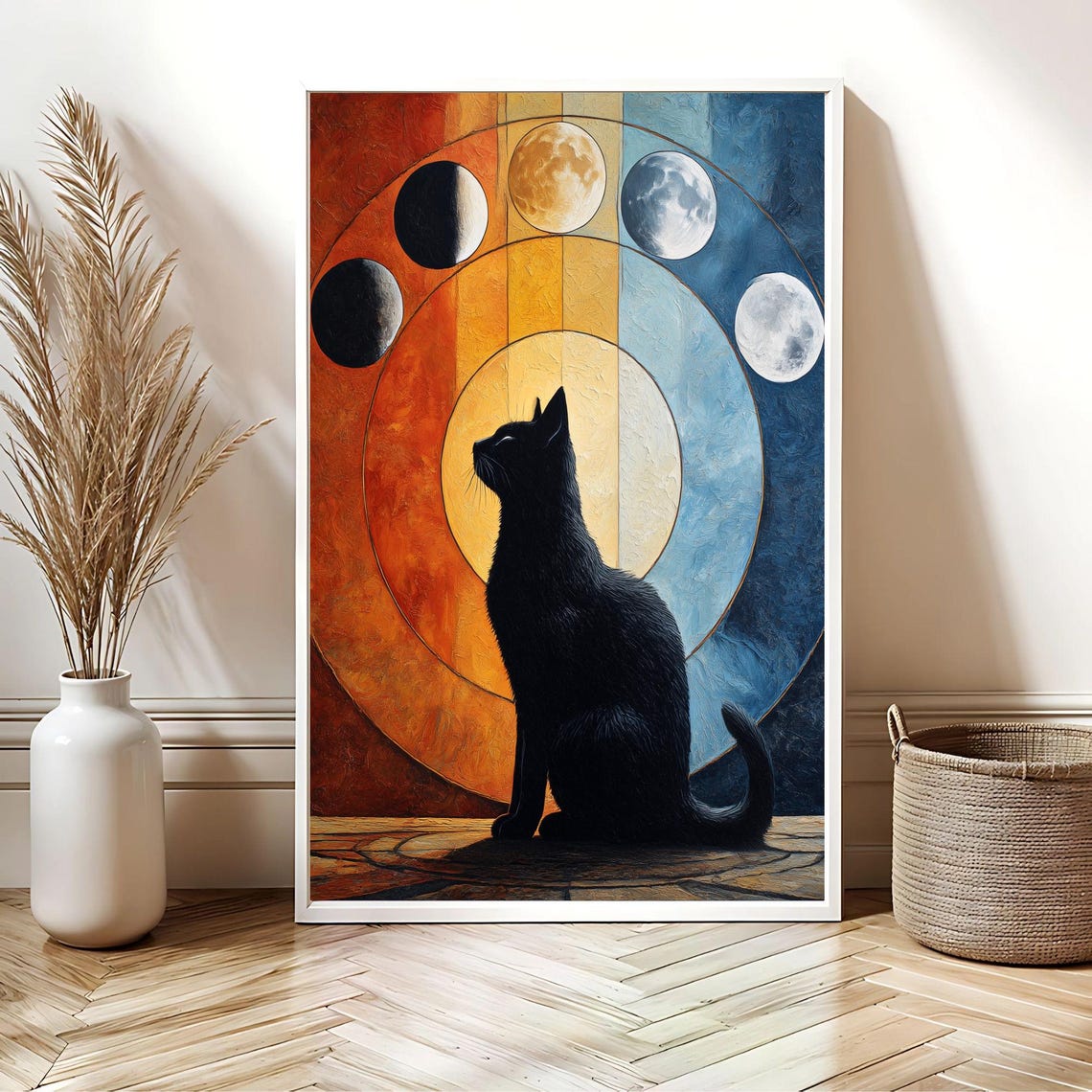 Celestial Black Cat Silhouette Moon Phases Mystical Art Poster