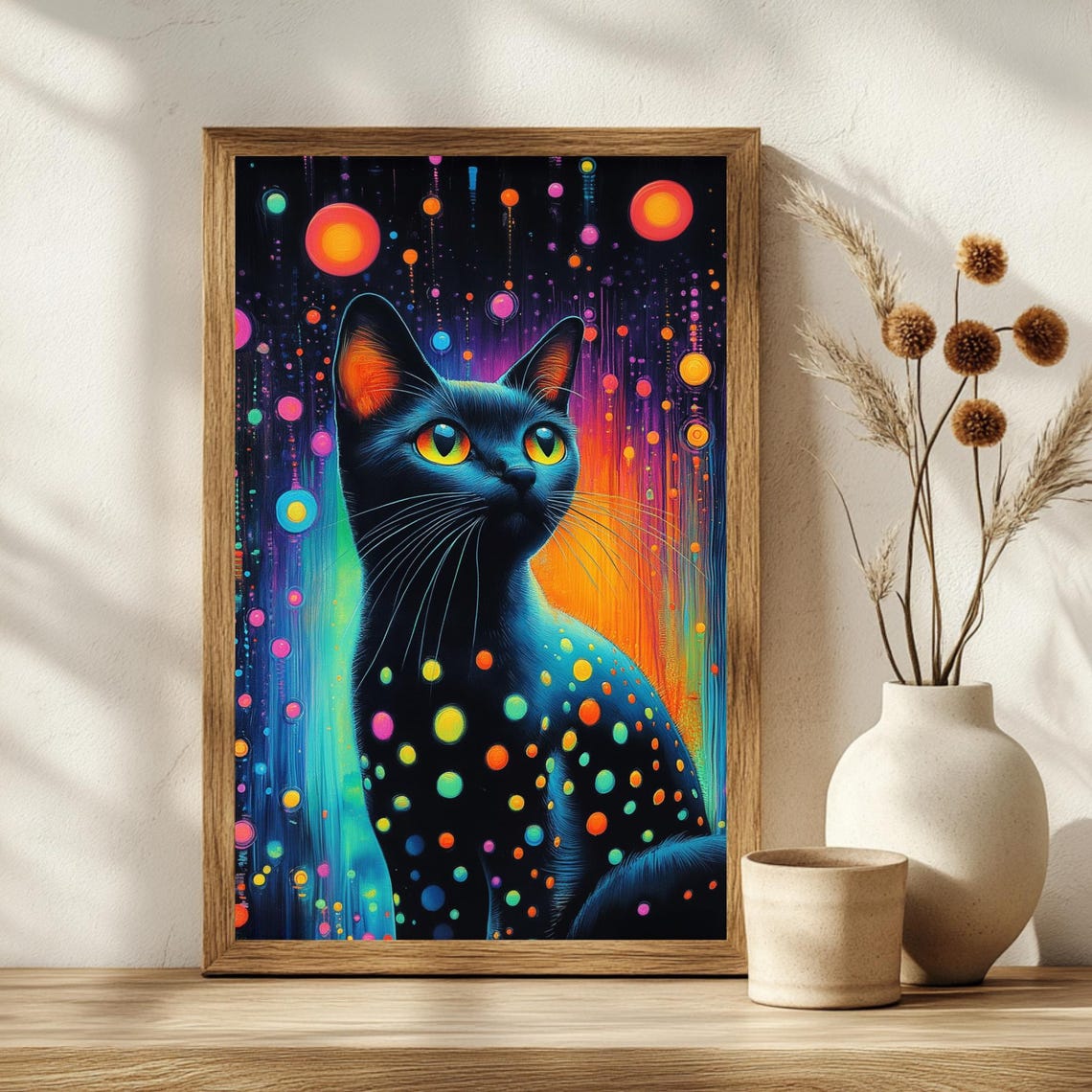 Black Cat Neon Polka Dots Vibrant Modern Pop Art Style Poster - Image 2