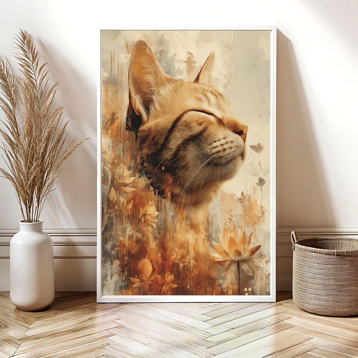 Serene Ginger Cat Profile Among Autumn Flowers Watercolor Poster - Image 2