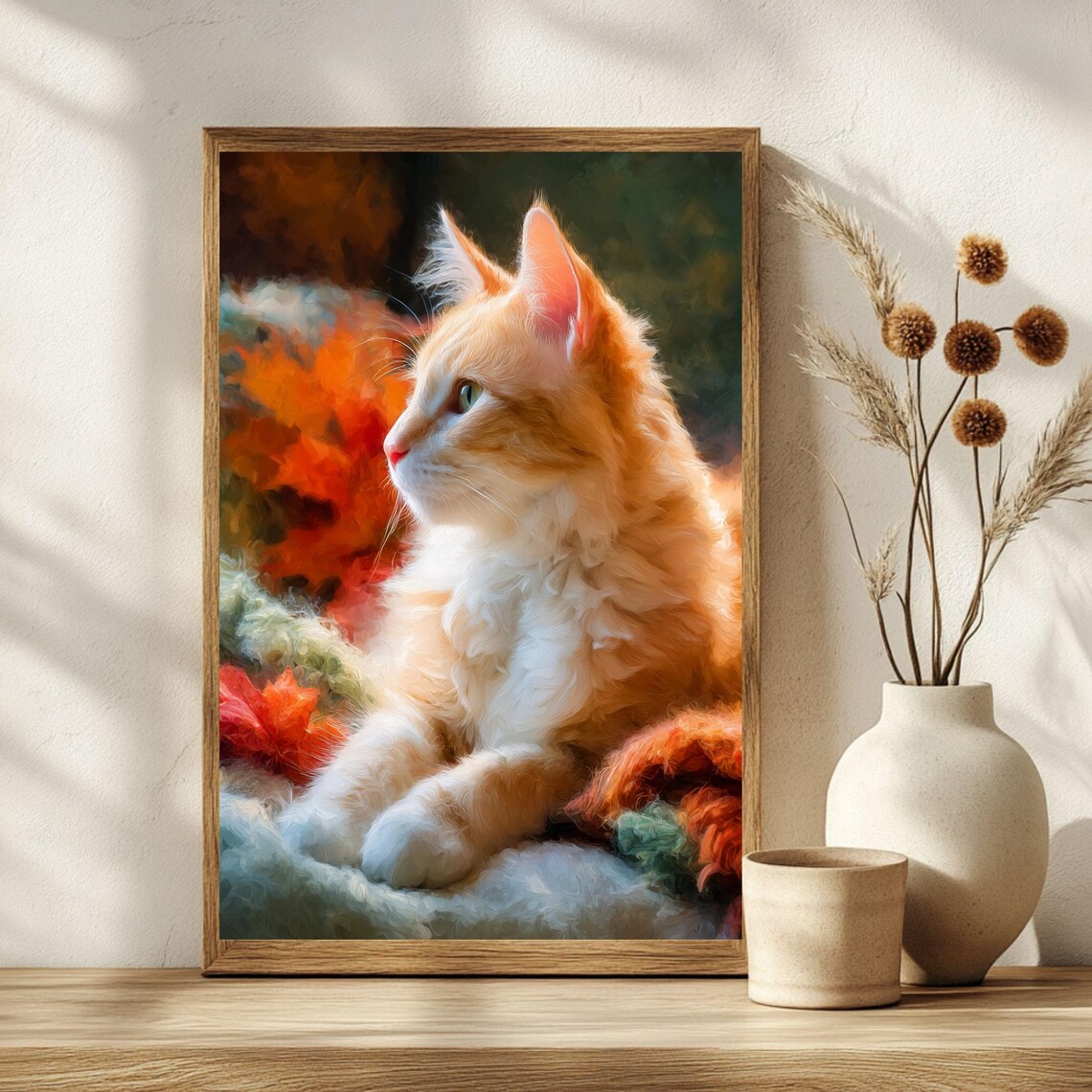 Cozy Orange Longhair Cat Autumn Foliage Impressionist Poster