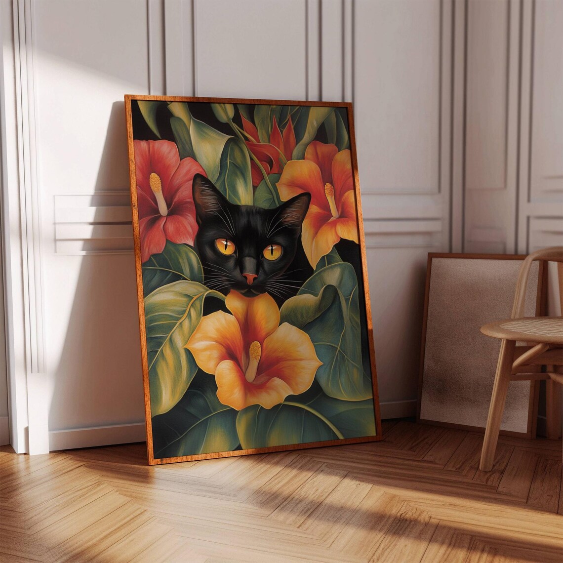 Okeeffe Style Black Cat Tropical Hibiscus Flowers Bold Art Poster - Image 2