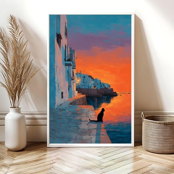 Black Cat Silhouette at Sunset Seaside Town Coastal Art Poster