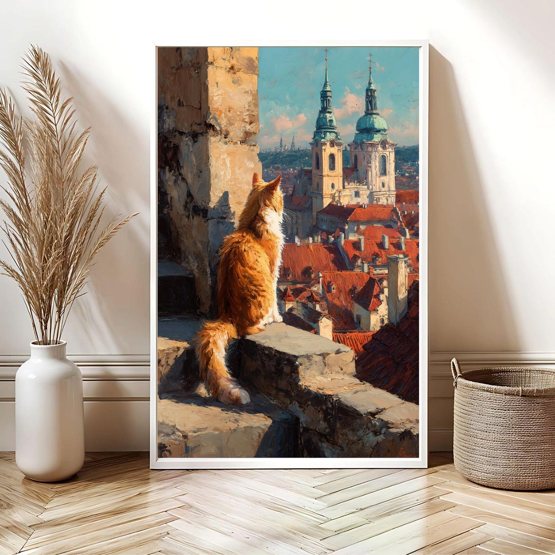 Ginger Cat Watching Old Town Rooftops Scenic Travel Cat Poster - Image 3