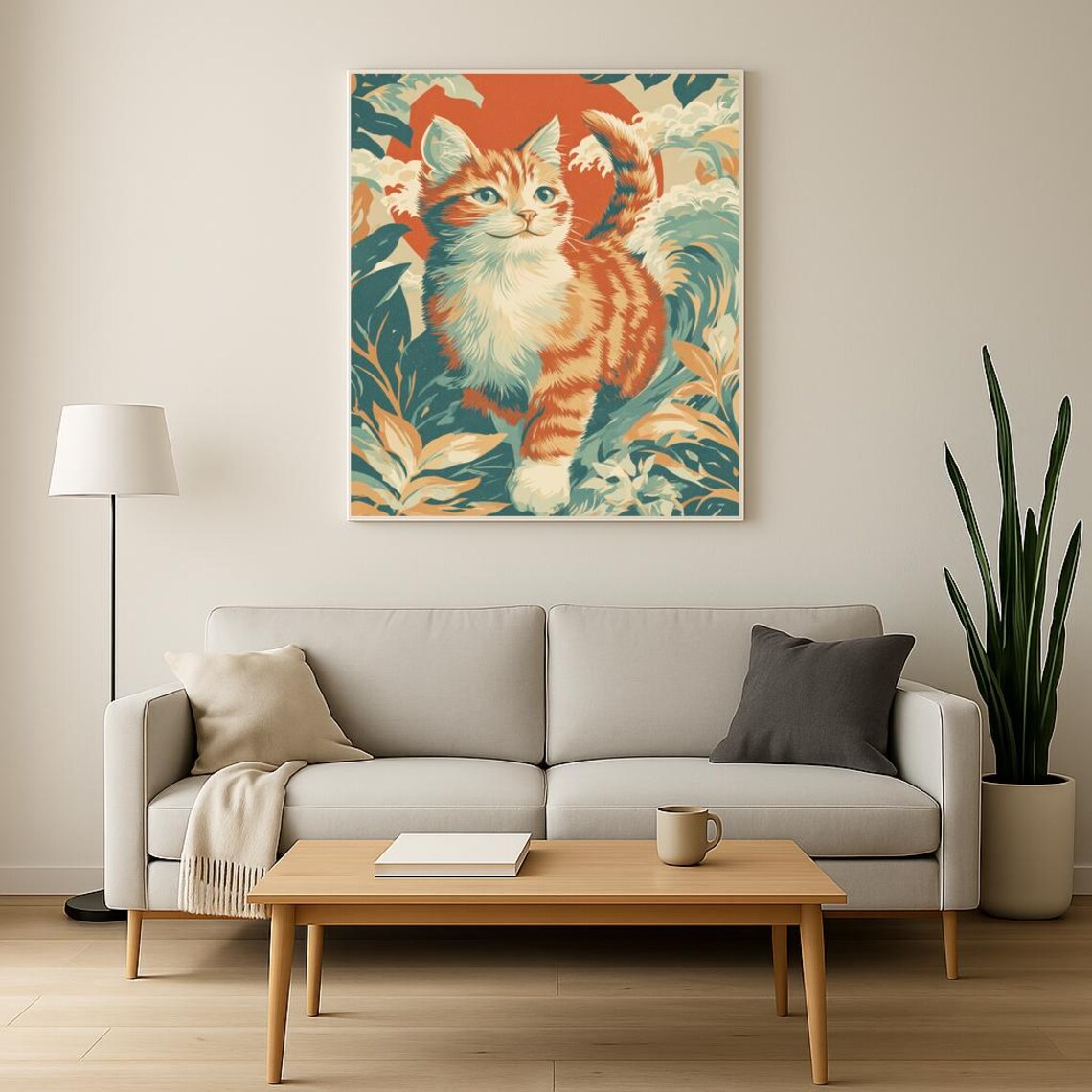 Playful Orange Tabby Kitten in Japanese Woodblock Sun Poster - Image 3