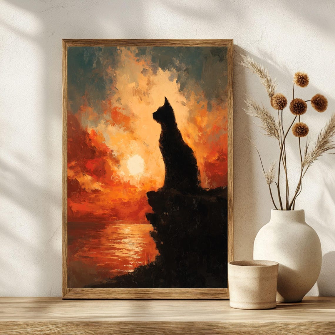 Black Cat Silhouette Watching Fiery Sunset Over Open Sea Poster - Image 2