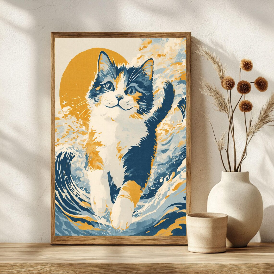 Calico Kitten Riding the Great Wave Japanese Ukiyoe Art Poster