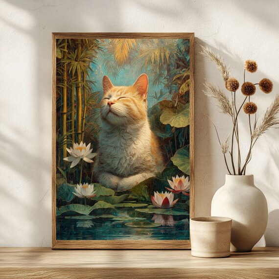 Meditating Orange Cat Lotus Pond Tropical Bamboo Garden Poster