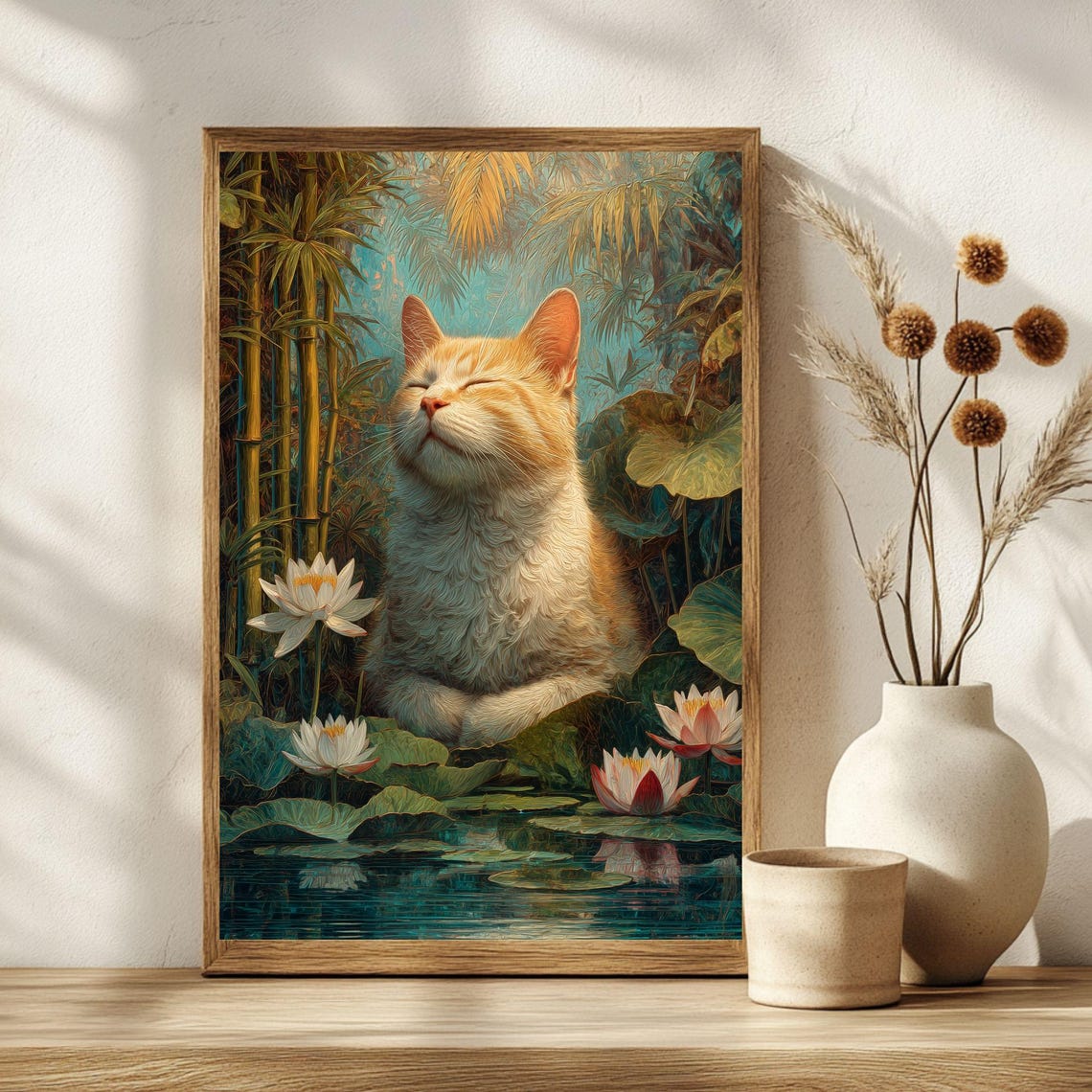 Meditating Orange Cat Lotus Pond Tropical Bamboo Garden Poster