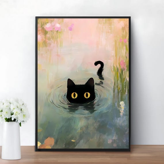 Monet Waterlily Cat Print Claude Poster Art Floral Wall Office Decor Living Room Gift