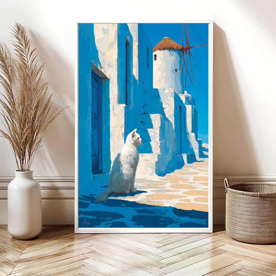 White Cat in Greek Island Alley With Windmill Mediterranean Poster