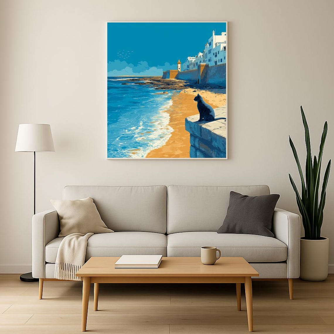Black Cat on Coastal Fortress Wall Beach Sea View Art Poster - Image 4