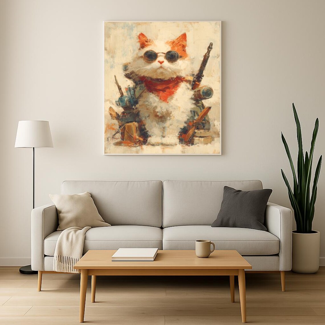 White Warrior Cat With Sunglasses Red Bandana Action Art Poster - Image 2