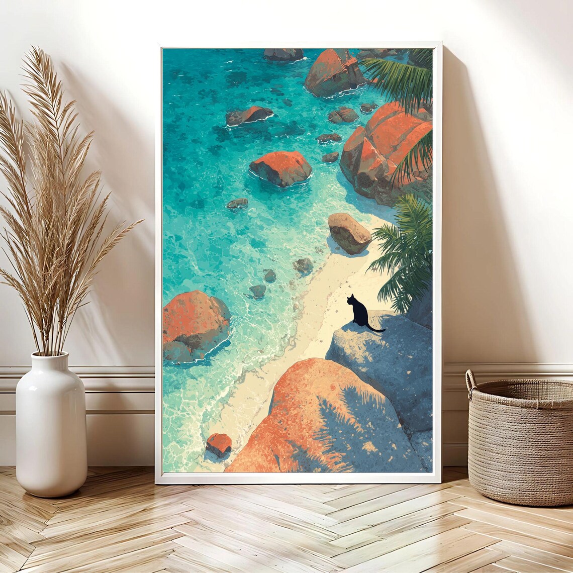 Tropical Black Cat Cove Turquoise Water Rocky Beach View Poster