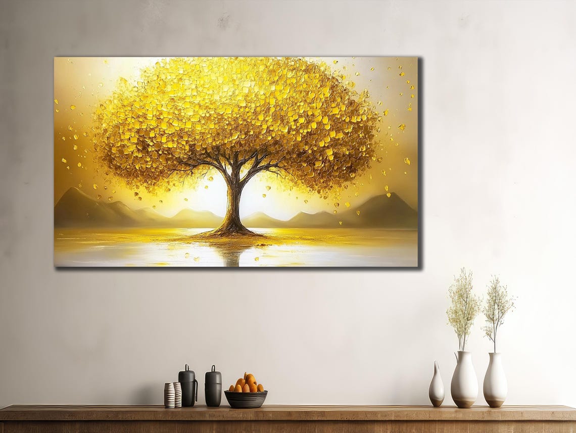 Golden Yellow Tree Sunset Lake Reflective Tranquil Nature Art Poster - Image 3