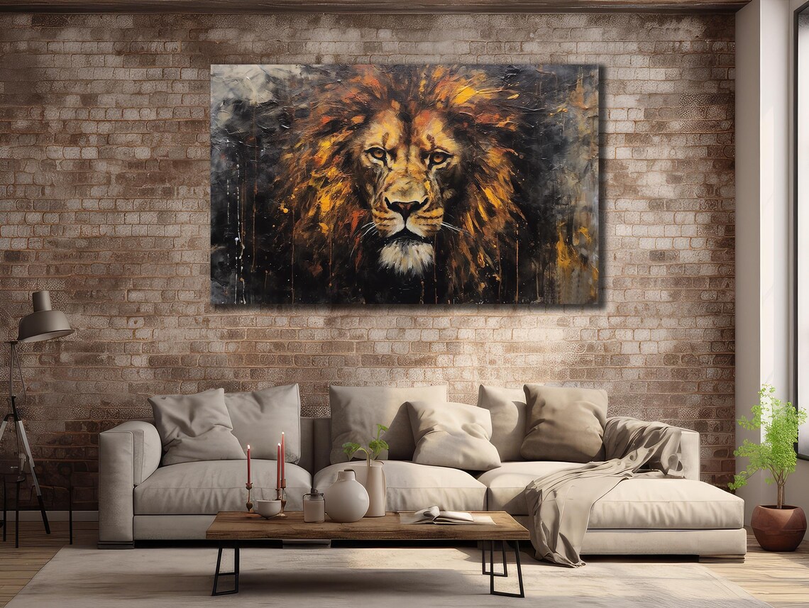 King Lion Portrait Golden Mane Dark Smoky Oil Painting Art Poster - Image 3