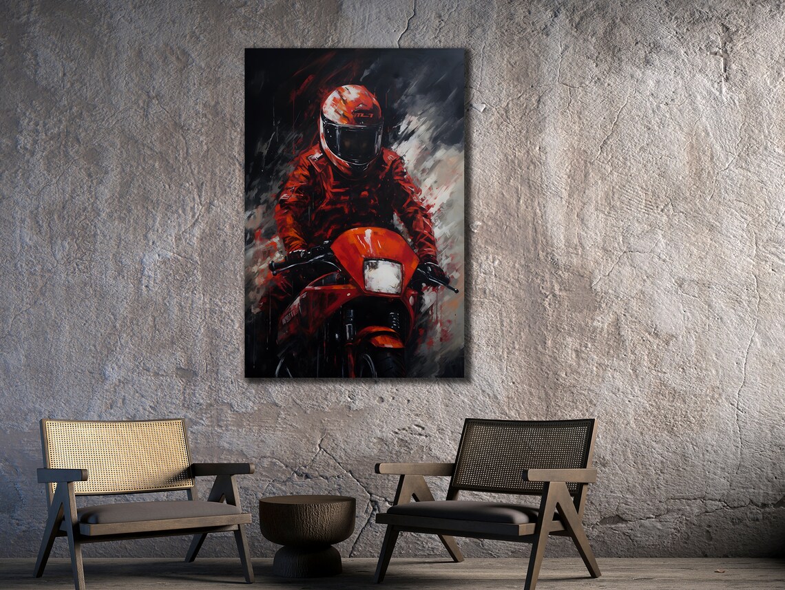 Red Motorcycle Racer Speed Painting Dark Automotive Wall Art Poster - Image 2