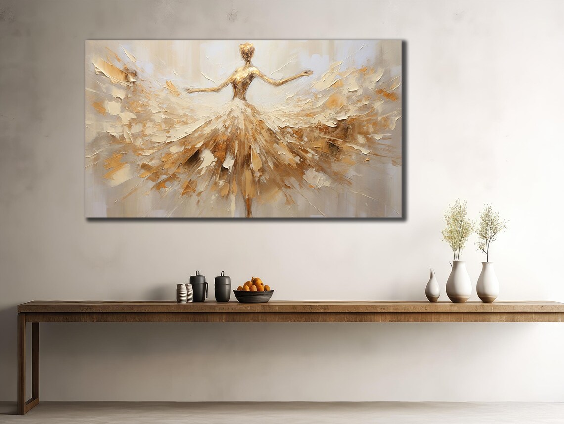 Golden Ballerina White Tutu Impasto Oil Painting Graceful Dancer Art Poster - Image 2
