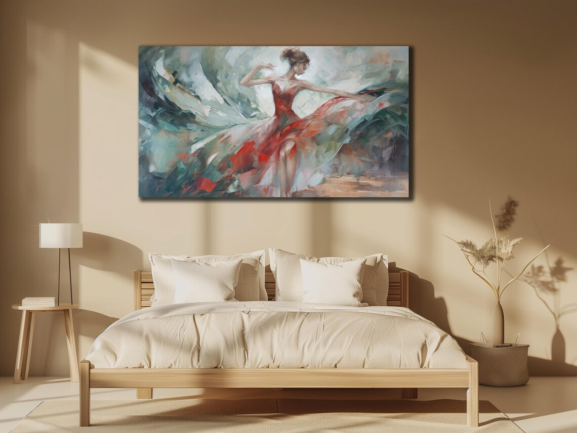 Red Dress Dancer Flowing Skirt Watercolor Painting Elegant Art Poster - Image 2