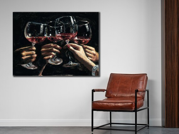 Red Wine Glasses Toast Celebration Dark Oil Painting Wall Art