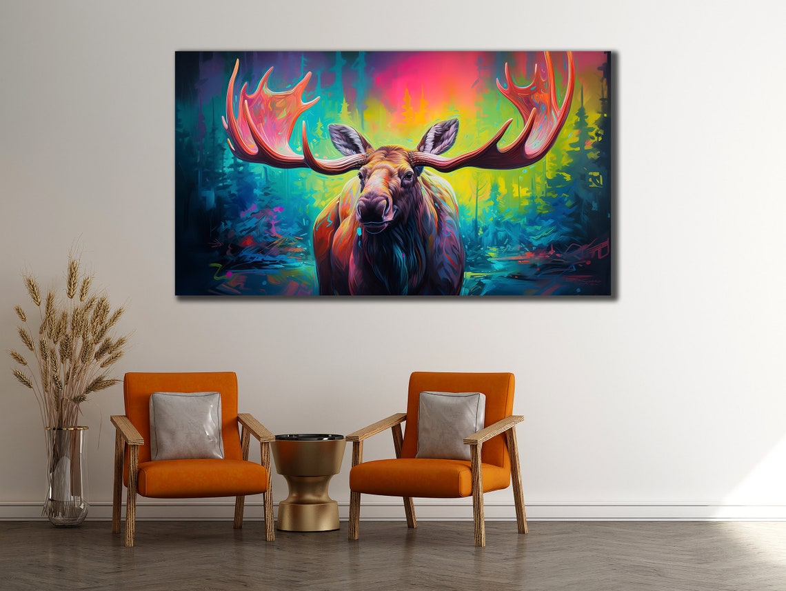 Colorful Moose Antlers Aurora Forest Neon Wildlife Wall Poster - Image 2