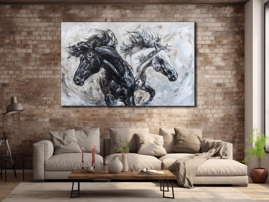 Black White Horses Running Side by Side Monochrome Equestrian Print