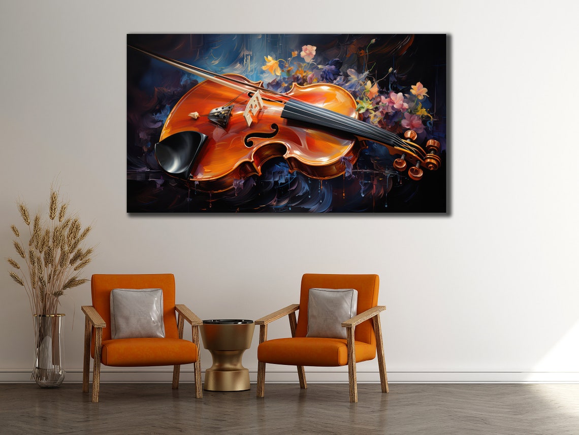 Violin With Blooming Flowers Dark Blue Classical Music Art Poster