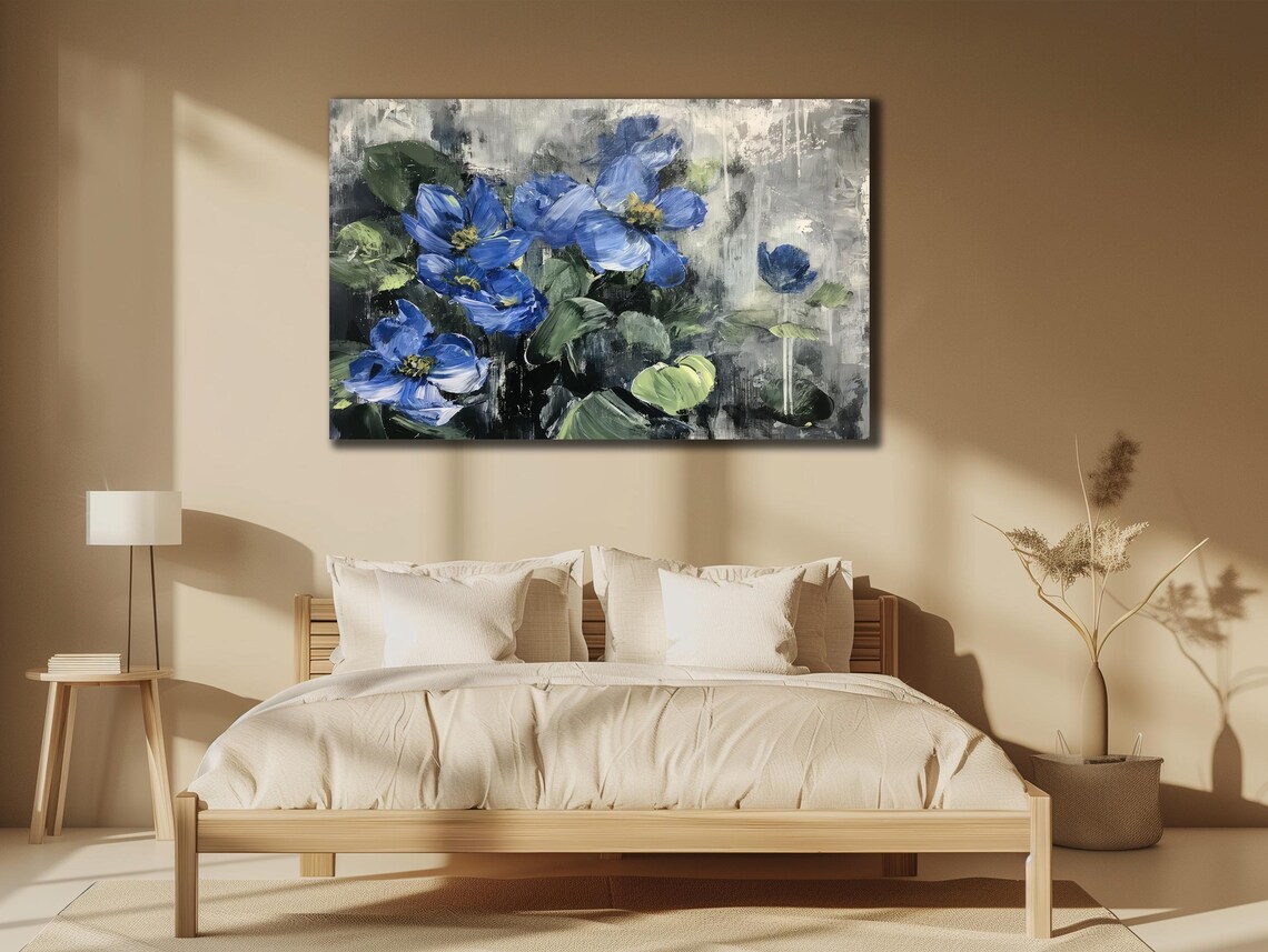 Striking Blue Flower Oil Painting Moody Botanical Floral Poster