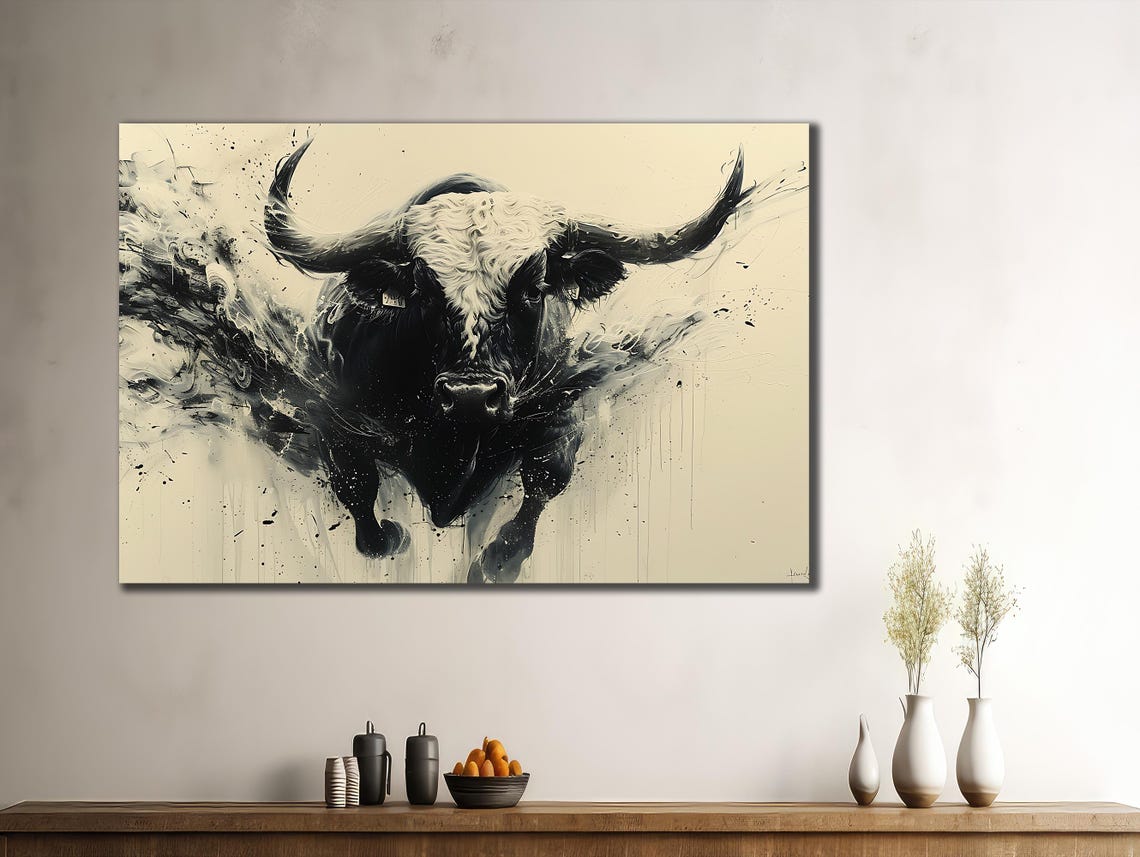 Charging Black Bull Ink Splash Monochrome Modern Bull Art Wall Poster - Image 3