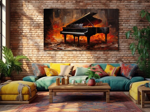 Grand Piano Fiery Red Stage Dramatic Oil Painting Musician Wall Print