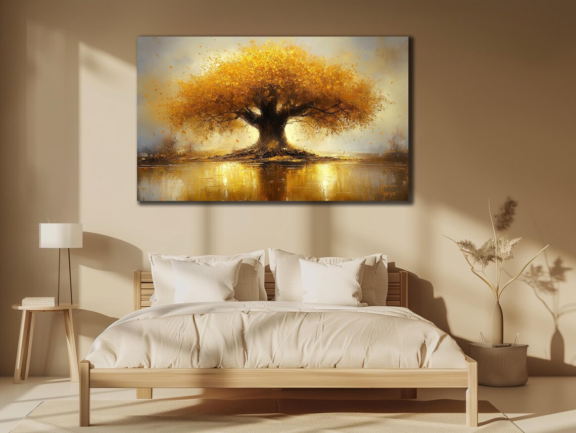 Golden Tree by the Lake Autumn Sunset Reflection Oil Painting Poster