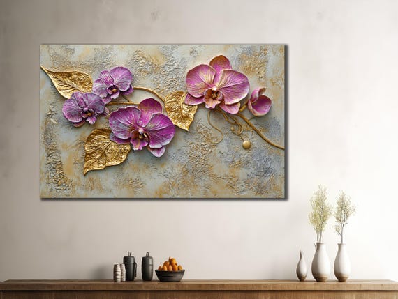 Pink Orchid Art, Modern Floral Wall Decor