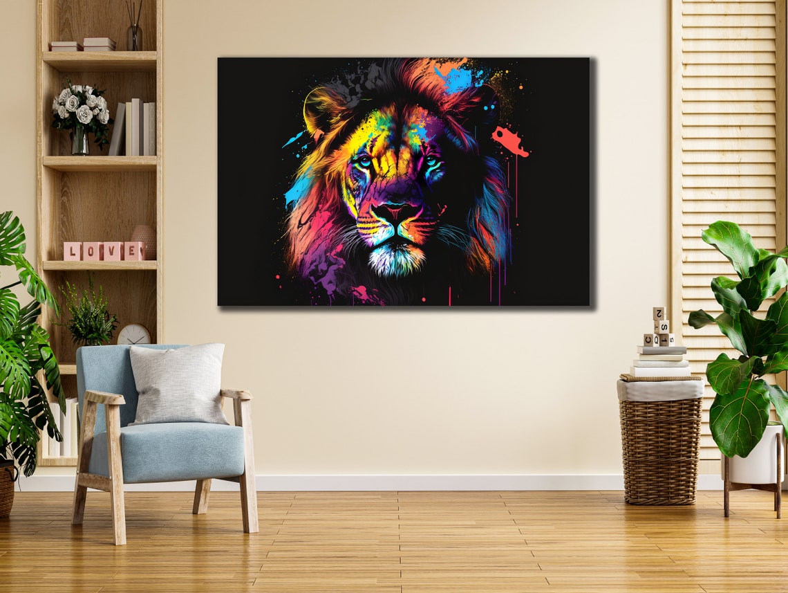 Rainbow Splash Lion Head Roaring on Black Background Art Poster