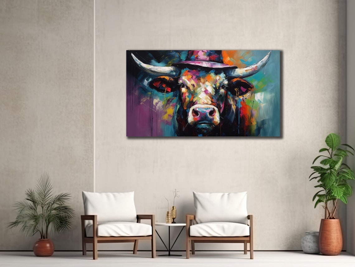 Multicolor Bull Portrait With Hat Abstract Animal Pop Art Poster - Image 2