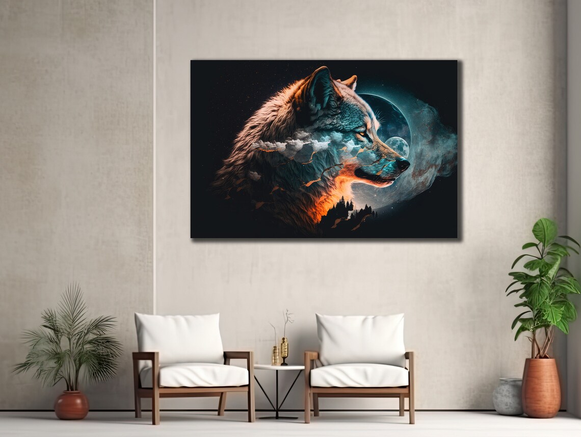 Wolf Head Double Exposure Moon Mountains Cosmic Wildlife Wall Art Print - Image 3