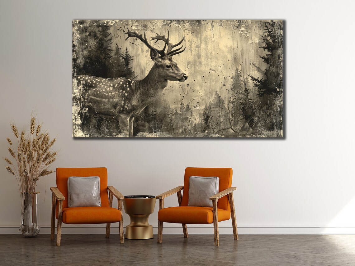 Spotted Deer With Antlers In Vintage Forest Sepia Wildlife Painting Poster - Image 3