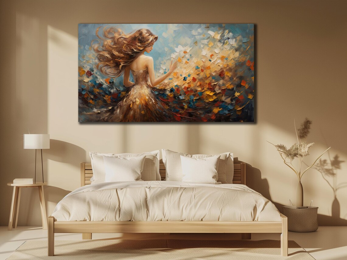 Dancer with Flowing Golden Dress Oil Painting Autumn Leaves Art Poster - Image 3