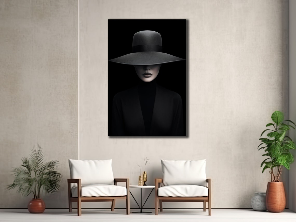 Woman With Black Hat Print Girl Silhouette Painting Art House Gift Ideas Mysterious Wall Decor Girl Wall Art Sexy Woman Poster