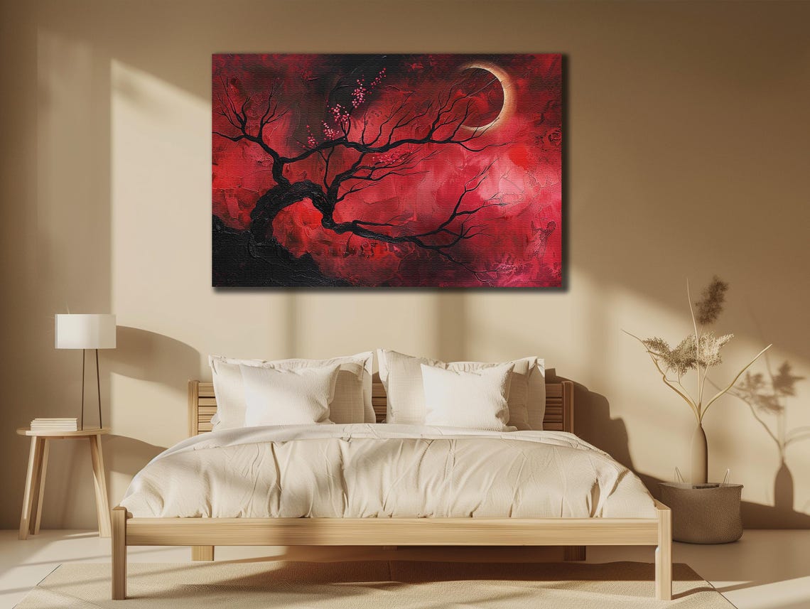 Red Tree Under Crimson Moon Black Blossoming Branches Night Art Poster