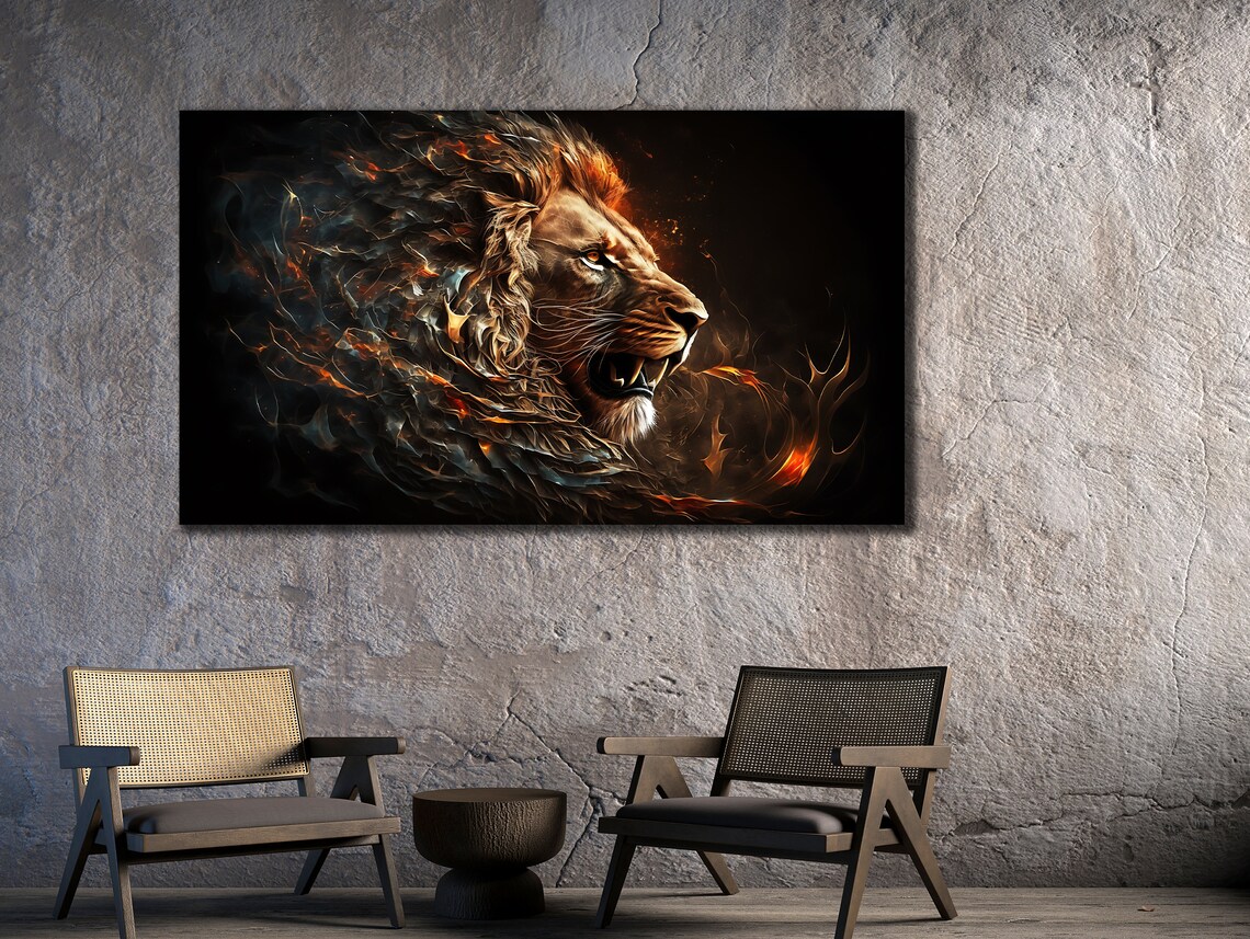 Lion Head Fiery Mane Black Background Powerful Wildlife Wall Art Print - Image 2