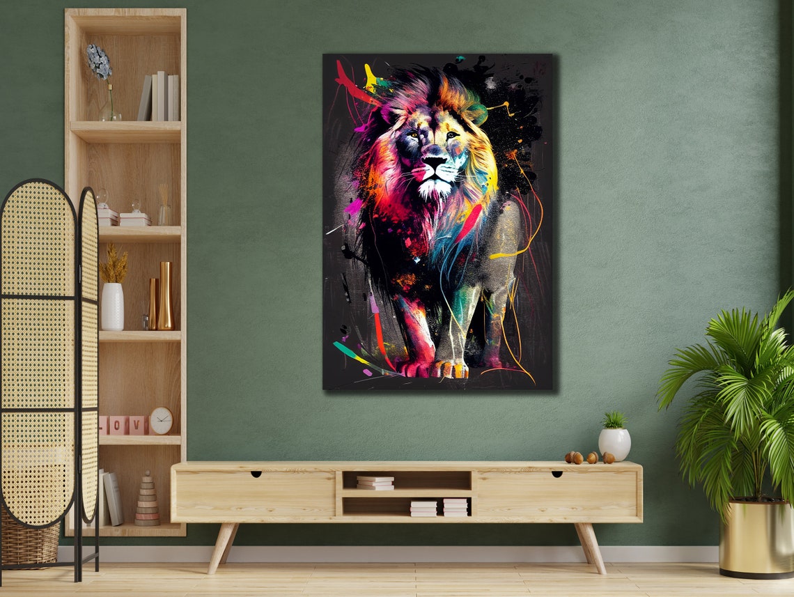 Colorful Lion Paint Splashes Black Background Wildlife Art Poster - Image 2