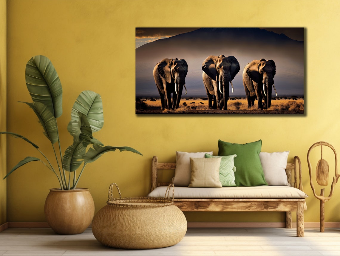 Three Elephants Savanna Mountain Sunset African Wildlife Art Poster - Image 2