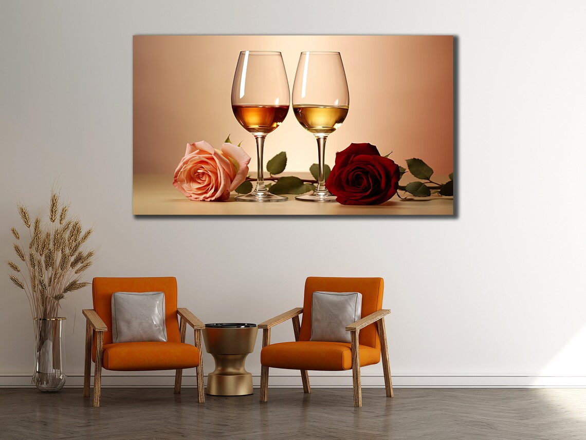 Wine Glasses Roses Romantic Still Life Warm Beige Kitchen Bar Art Poster