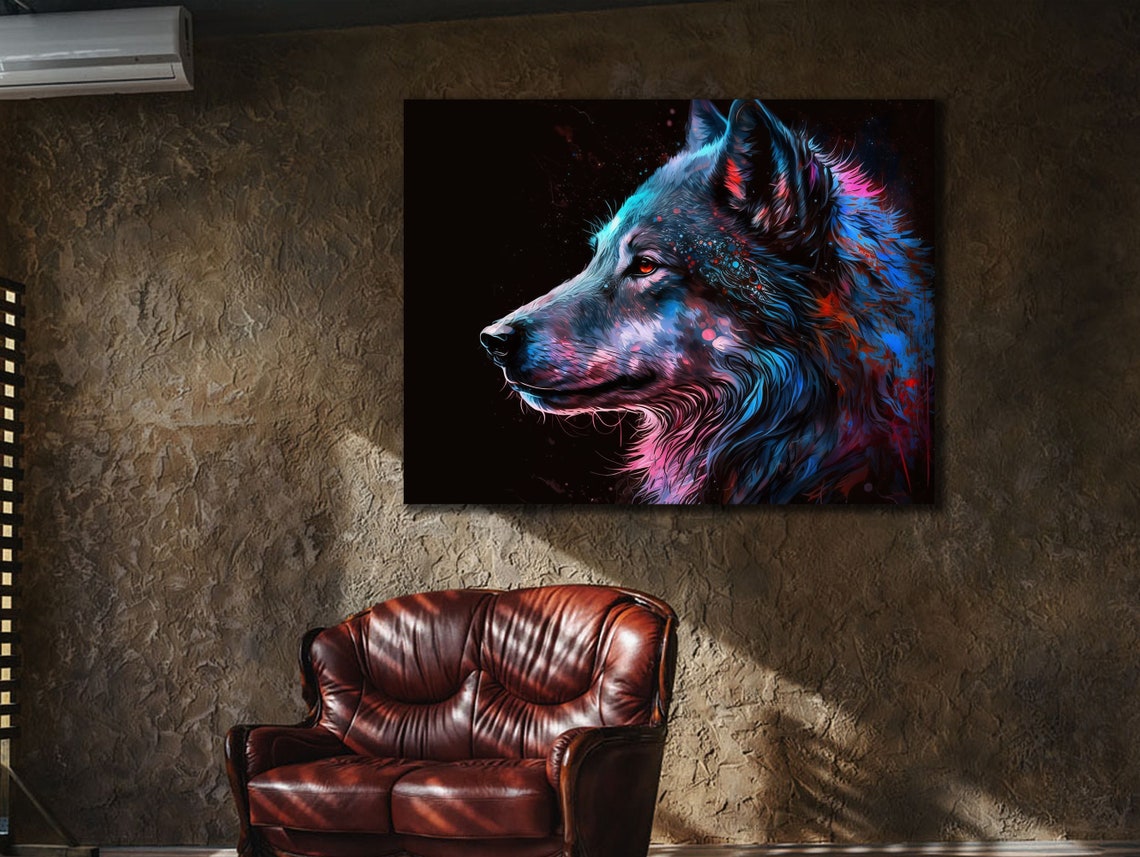 Colorful Wolf Head Neon Blue Pink Black Background Animal Art Poster
