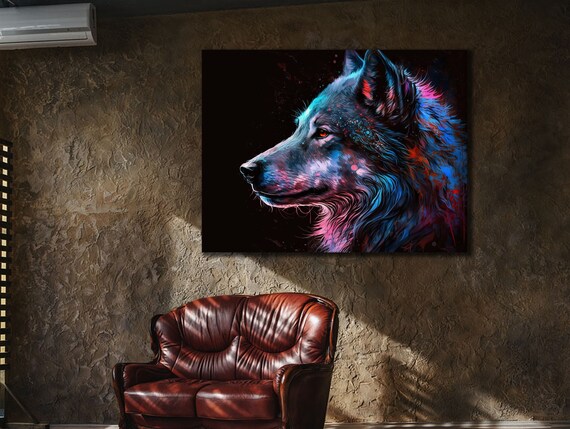 Colorful Wolf Head Neon Blue Pink Black Background Animal Art Poster